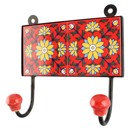 Red  Base Yellow Sunflower Ceramic Tile Hook